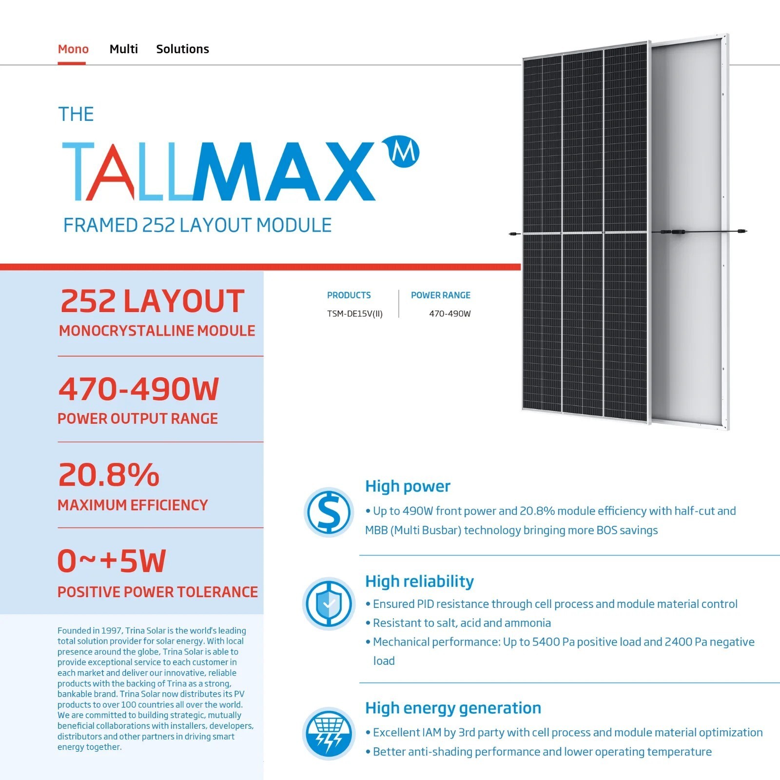 Trina Solar 470-490W Framed 252 Layout Module